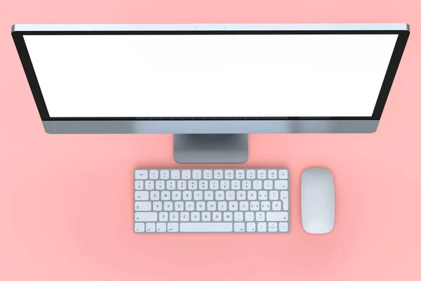 Realistyczny Szary Ekran Komputera Klawiaturą Myszą Różowym Tle Renderowanie Srebrny — Zdjęcie stockowe