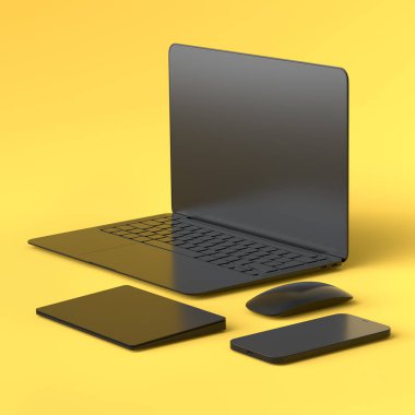 Sarı arka planda izole edilmiş pist, fare ve telefona sahip tek renkli alüminyum dizüstü bilgisayar. Yaratıcı tasarım ekipmanı ve kompakt çalışma alanı üç boyutlu oluşturma kavramı