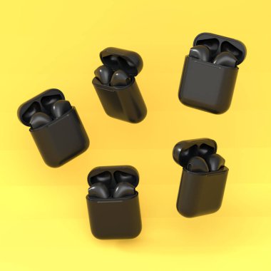 Sarı arka planda izole edilmiş şarj çantasındaki tek renkli kablosuz bluetooth kulaklıklar. Müzik dinlemek ya da evden uzak çalışmak için aksesuarların 3B görüntülenmesi