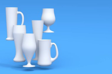 Mavi monokrom arka planda beyaz bira bardakları. Tatillerde alkol kullanımı, Ekim Festivali veya Aziz Patrick Günü