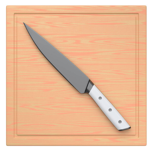 Chef's kitchen knife on a wooden board isolated on white background. 3d render of butcher knife or professional kitchen utensils