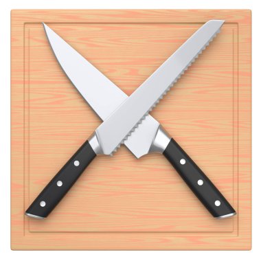 Şefin mutfak bıçakları beyaz arka planda izole edilmiş ahşap bir tahtada. 3 boyutlu kasap bıçağı ya da profesyonel mutfak aletleri.