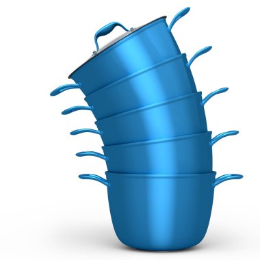 Beyaz arka planda paslanmaz çelik güveç ve krom kaplama alüminyum tencere takımı. Yapışmayan mutfak gereçlerinin 3D görüntüsü