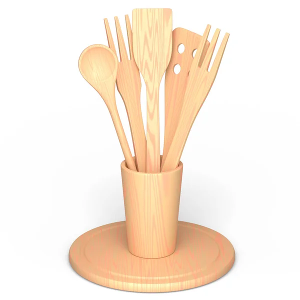 Wooden Kitchen Utensils Tools Equipment Holder White Background Render Home — Stock Photo, Image