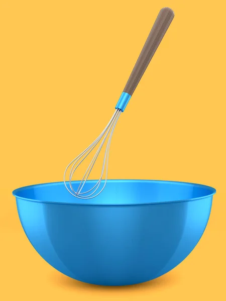 Metal Bowl Whisk Preparation Dough Isolated Orange Background Render Cooking — стоковое фото