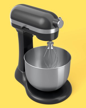 Sarı arka planda pişirme, karıştırma ve karıştırma için modern mutfak karıştırıcısı.