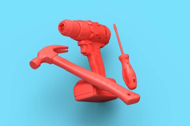 Flying view of red construction tools for repair and installation on blue background. 3d rendering and illustration of service banner for house plumber or repairman