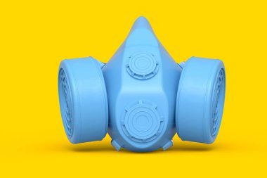 Sarı monokrom arka planda gaz maskesi. Profesyonel kullanım kimyasal, boya veya restorasyon için solunum cihazının 3D görüntülenmesi ve çizimi.