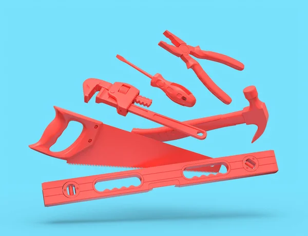 Flying View Red Construction Tools Repair Installation Blue Background Rendering — 스톡 사진