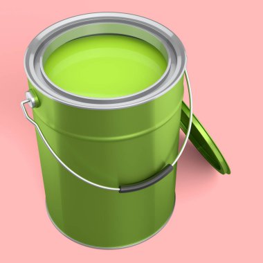 Açık metal kutu ya da pembe arka planda tutacağı olan boya kovaları. 3D yenileme konsepti ve iç tasarım