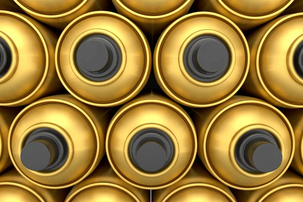 Beyaz arka planda altın rengi sprey boya kutuları. 3 boyutlu sprey boya şişesi ve beyaz arka planda izole edilmiş sprey boya kutusu. 3D render sprey boya şişesi ve şeker kutusu.