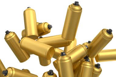 Beyaz arka planda bir sürü uçan altın sprey boya kutusu var. 3 boyutlu sprey boya şişesi ve beyaz arka planda izole edilmiş sprey boya kutusu. 3D render sprey boya şişesi ve şeker kutusu.
