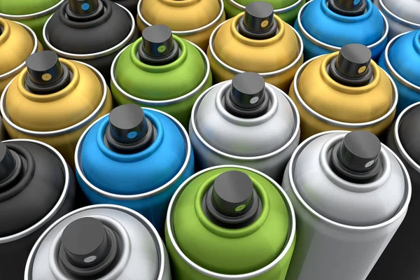 一组色彩斑斓的喷漆罐在白色的背景上排成一排 三维渲染喷漆瓶和喷漆瓶在白色背景上隔离的喷漆罐 3D渲染喷漆瓶和喷雾器 — 图库照片