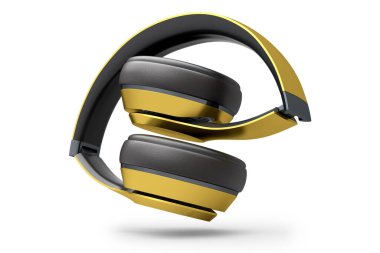 Beyaz arka planda izole edilmiş profesyonel oyun kulaklıkları. Üç boyutlu kulaklık ve müzik ekipmanı tasarımı