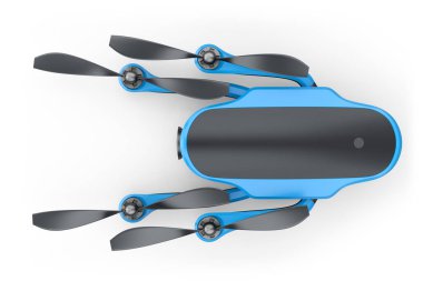 Uçan fotoğraf ve video drone ya da kuadkopter beyaz arkaplanda izole edilmiş aksiyon kamerasıyla. Dağıtım veya hava fotoğrafçılığı için aygıtın 3B görüntülemesi