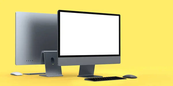 데스크톱 컴퓨터 화면에는 노란색 배경에 키보드와 마우스가 분리되어 스튜디오 공간에 — 스톡 사진