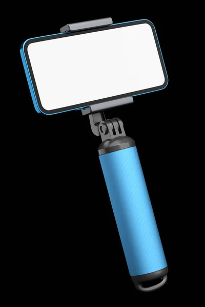 现实的智能手机 空白的白色屏幕和蓝色的自拍棒隔离在黑色背景 3D渲染用于拍照和肖像的电话模板 — 图库照片