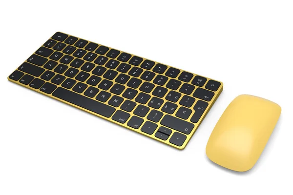 Teclado Computador Alumínio Dourado Moderno Mouse Isolado Fundo Branco Renderização — Fotografia de Stock