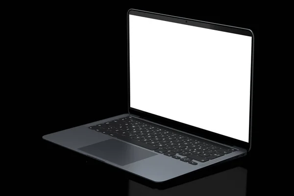 Realistic Aluminum Laptop Empty White Screen Display Isolated Black Background — Stock Photo, Image