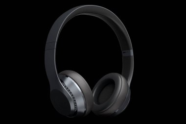 Siyah arka planda izole edilmiş profesyonel oyun kulaklıkları. Üç boyutlu kulaklık ve müzik ekipmanı tasarımı