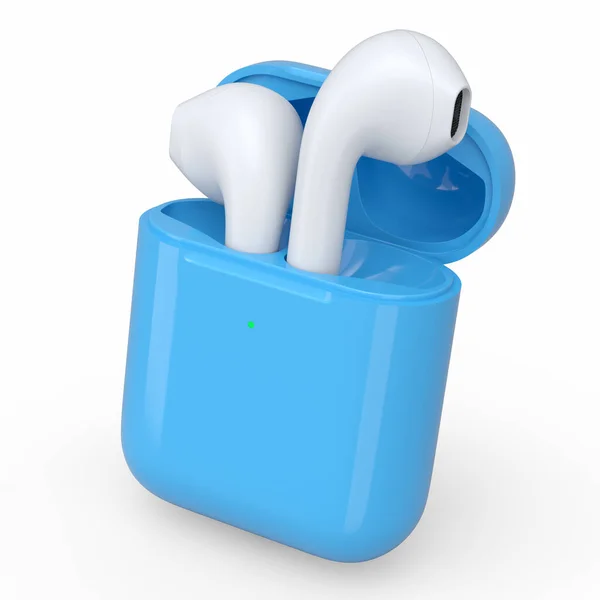 Casque Bluetooth Sans Fil Boîtier Bleu Isolé Sur Fond Blanc — Photo