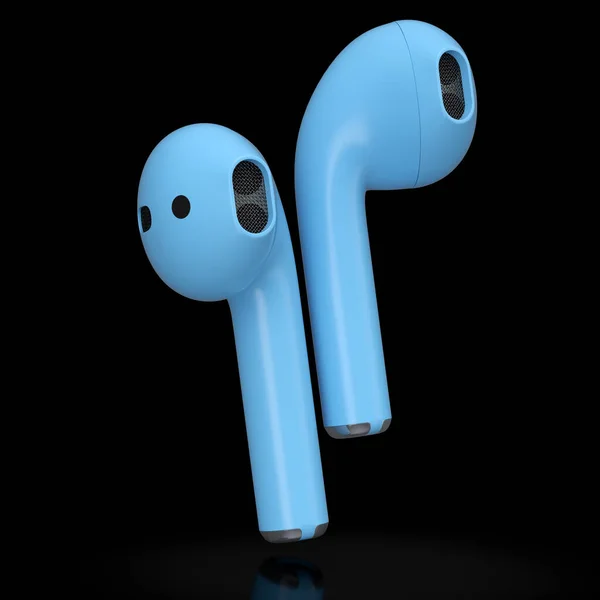 Auriculares Inalámbricos Bluetooth Azul Aislados Sobre Fondo Negro Representación Accesorios — Foto de Stock
