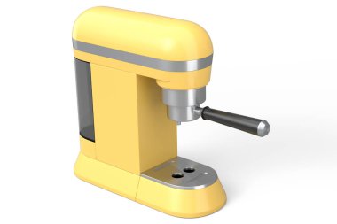 Beyaz arka planda kornası olan Espresso kahve makinesi. Kahve yapmak için 3D kahve demliği.