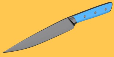 Şefin mutfak bıçağı, turuncu arka planda izole edilmiş ahşap saplı. 3 boyutlu kasap bıçağı ya da profesyonel mutfak aletleri.