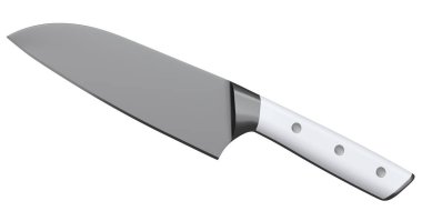Şefin mutfak bıçağı beyaz arka planda izole edilmiş ahşap saplı. 3 boyutlu Santoku bıçağı ya da profesyonel mutfak gereçleri.