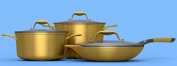 Набор Stewpot Нержавеющей Стали Сковороды Хромированной Алюминиевой Посуды Синем Фоне — стоковое фото