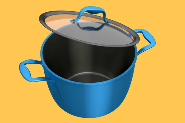 黄色の背景にステンレススチール鍋とクロムメッキアルミ調理器具 非スティックキッチン用品の3Dレンダリング — ストック写真