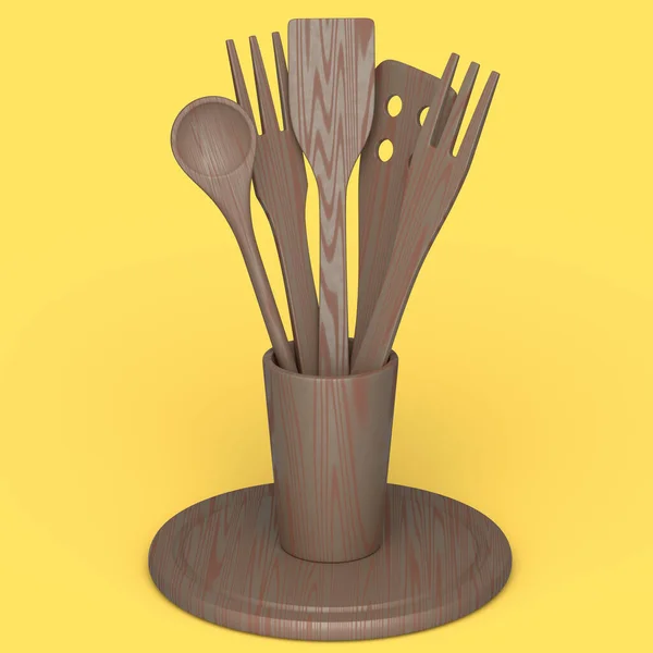 Ξύλινα Σκεύη Κουζίνας Εργαλεία Και Εξοπλισμό Θήκη Κίτρινο Φόντο Καθιστούν — Φωτογραφία Αρχείου