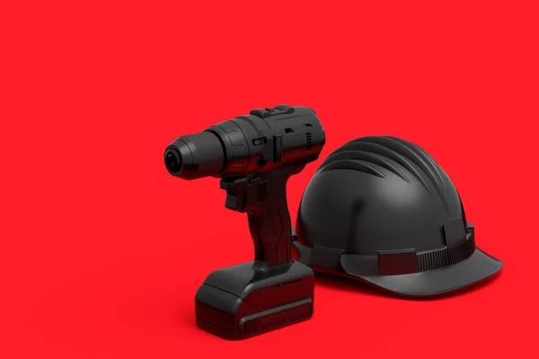 一套无绳钻头或螺丝起子 头戴硬头盔 红色背景 修理和安装工具的3D渲染和说明 — 图库照片