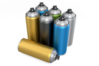 Beyaz arka planda izole edilmiş sprey boya kutuları. 3 boyutlu sprey boya şişesi ve beyaz arka planda izole edilmiş sprey boya kutusu. 3D render sprey boya şişesi ve şeker kutusu.