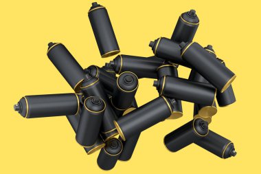 Sarı arka planda bir sürü uçan sprey boya kutusu var. 3 boyutlu sprey boya şişesi ve beyaz arka planda izole edilmiş sprey boya kutusu. 3D render sprey boya şişesi ve şeker kutusu.