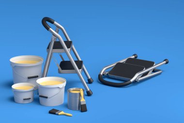Mavi arka plandaki duvarları boyamak için boya silindirli, fırçalı ve katlanan merdiven seti. 3D yenileme konsepti ve iç tasarım