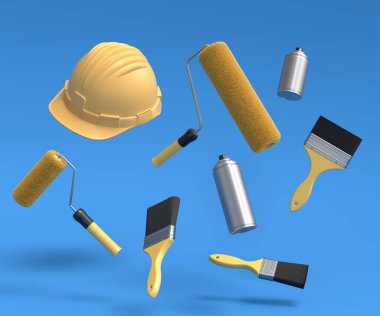 Güvenlik kaskı seti, boya silindirli sprey ve mavi arka planda duvarları boyamak için fırçalar. 3D yenileme konsepti ve iç tasarım