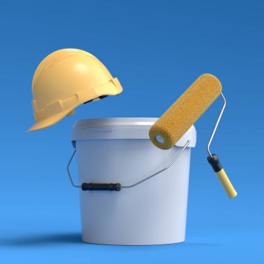 Güvenlik kaskı seti, boya silindirli kova ve mavi arka planda duvarları boyamak için fırçalar. 3D yenileme konsepti ve iç tasarım