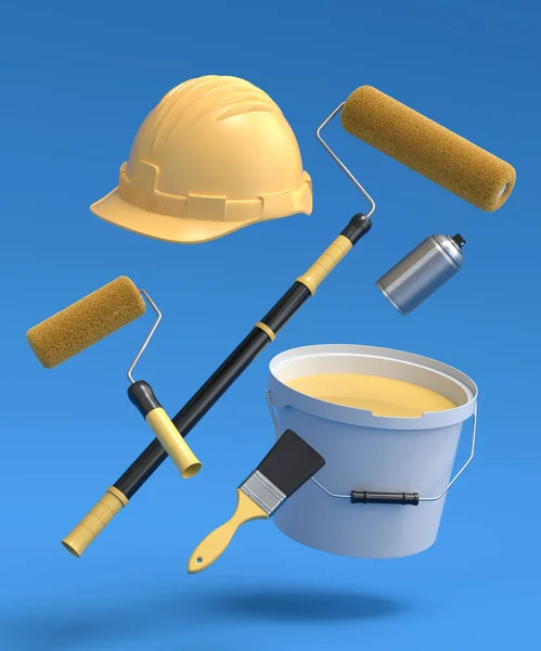 Set of safety helmet, bucket with paint rollers and brushes for painting walls on blue background. 3d render of renovation apartment concept and interior design