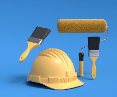 Güvenlik kaskı seti, boya silindirli sprey ve mavi arka planda duvarları boyamak için fırçalar. 3D yenileme konsepti ve iç tasarım