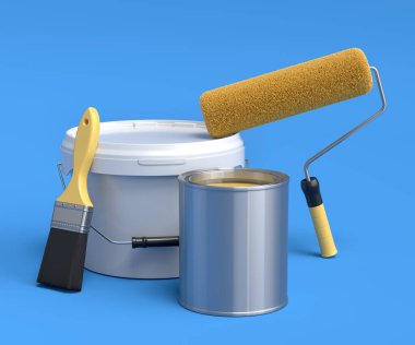 Metal ve plastik kovalar, boya silindiri ve mavi arka plandaki duvarları boyamak için fırça. 3D yenileme konsepti ve iç tasarım