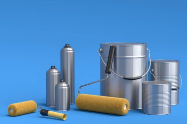 Metal ve plastik kovalar, sprey boya, boya silindiri ve mavi arka plandaki duvarları boyamak için fırça. 3D yenileme konsepti ve iç tasarım
