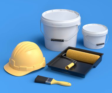 Güvenlik kaskı seti, boya silindirli kova ve mavi arka planda duvarları boyamak için fırçalar. 3D yenileme konsepti ve iç tasarım