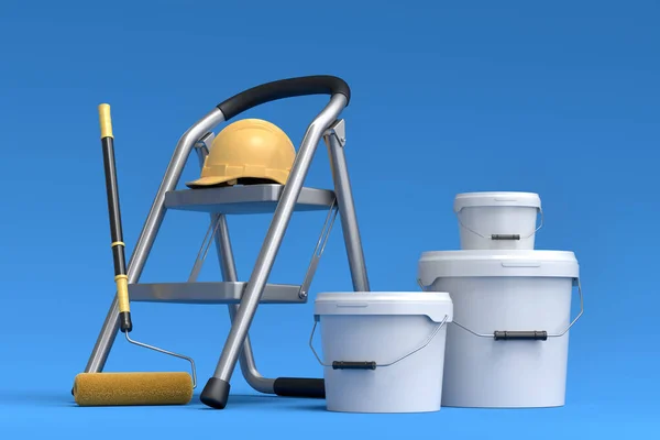 Set Folding Ladder Bucket Safety Helmet Paint Rollers Brushes Painting — Stock Photo, Image