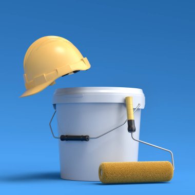 Güvenlik kaskı seti, boya silindirli kova ve mavi arka planda duvarları boyamak için fırçalar. 3D yenileme konsepti ve iç tasarım