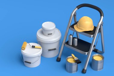 Mavi arka plandaki duvarları boyamak için boya silindirli, fırçalı ve katlanan merdiven seti. 3D yenileme konsepti ve iç tasarım