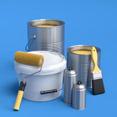 Metal ve plastik kovalar, sprey boya, boya silindiri ve mavi arka plandaki duvarları boyamak için fırça. 3D yenileme konsepti ve iç tasarım