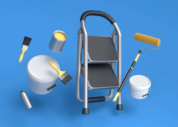 Set of metal cans or buckets with paint roller, brush and folding ladder for painting walls on blue background. 3d render of renovation apartment concept and interior design