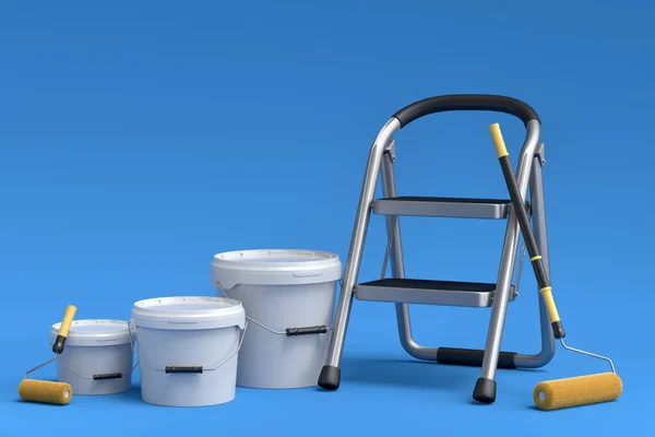 Set of metal cans or buckets with paint roller and folding ladder for painting walls on blue background. 3d render of renovation apartment concept and interior design