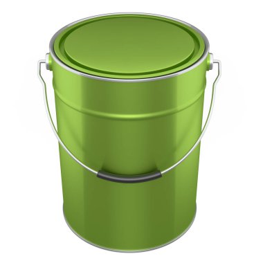 Closed metal can or buckets of paint with handle on white background. 3d render of renovation concept and interior design